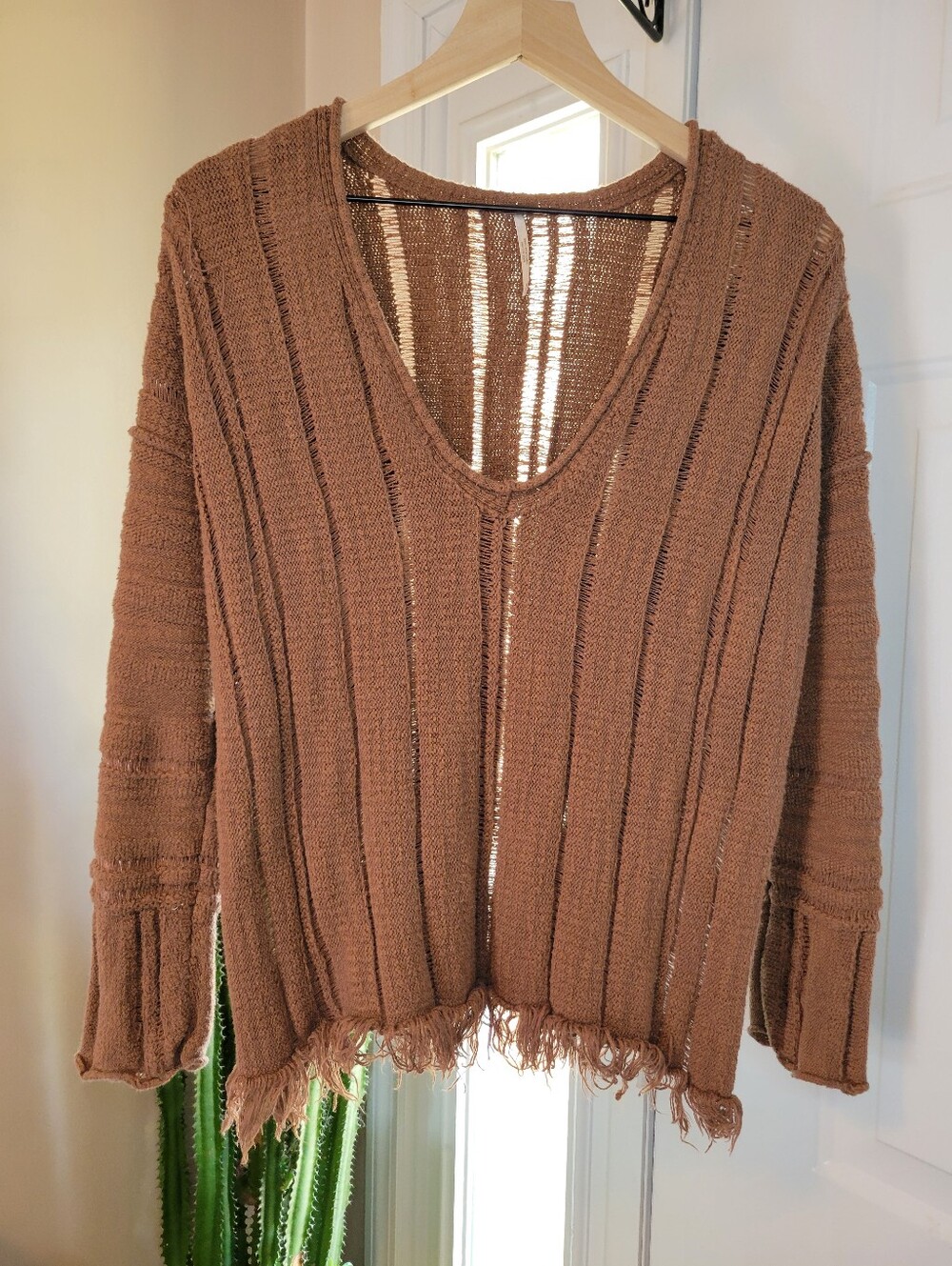 Free People Ocean Drive Pullover Brown‎ Distressed Textured Sweater, Size Small